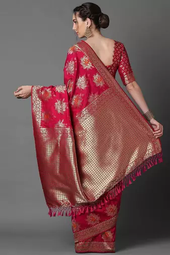 pink pink & gold-coloured floral woven design silk blend banarasi saree