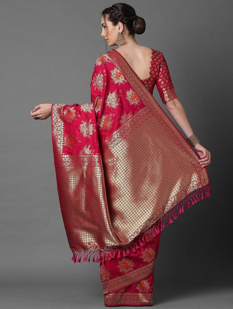 pink pink & gold-coloured floral woven design silk blend banarasi saree