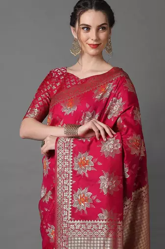 pink pink & gold-coloured floral woven design silk blend banarasi saree