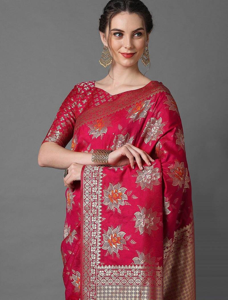 pink pink & gold-coloured floral woven design silk blend banarasi saree