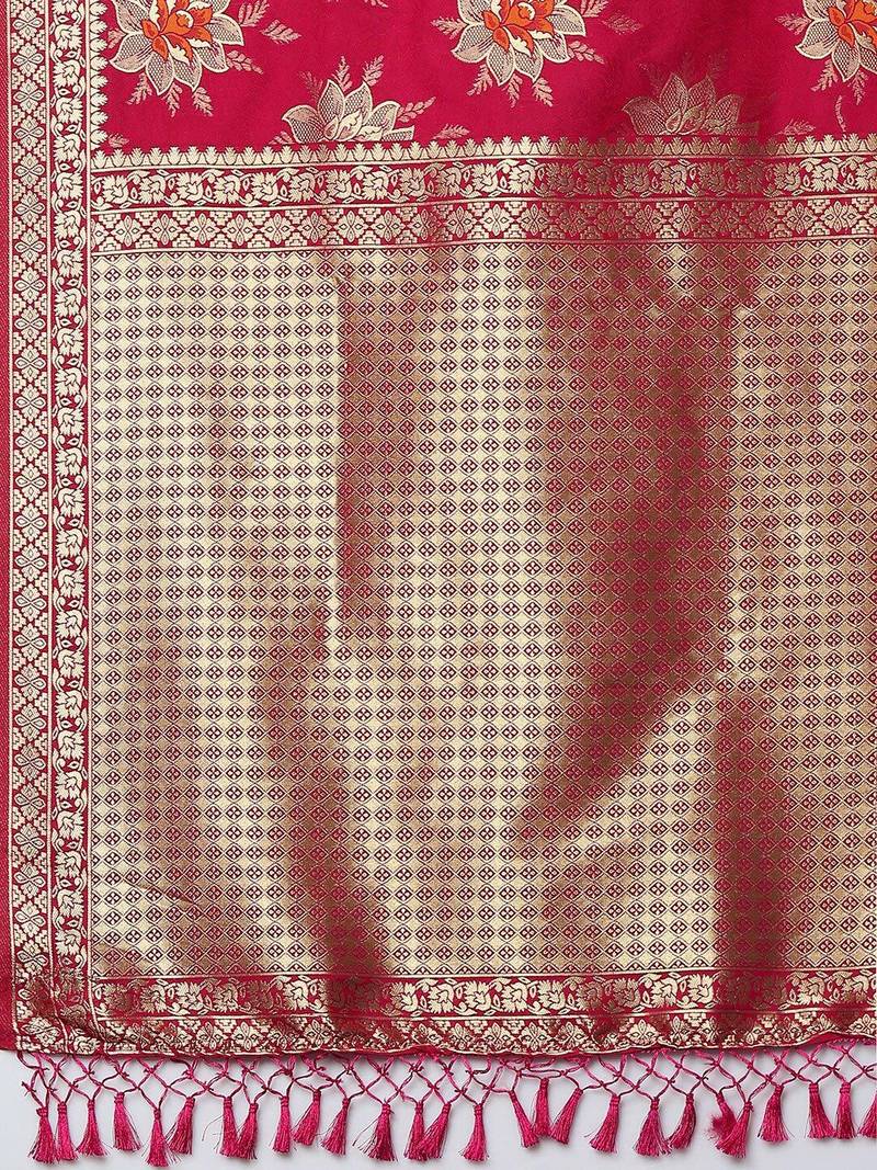 pink pink & gold-coloured floral woven design silk blend banarasi saree
