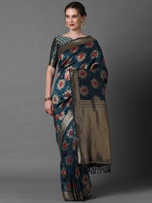 teal teal & gold-toned woven design zari silk blend banarasi saree 1