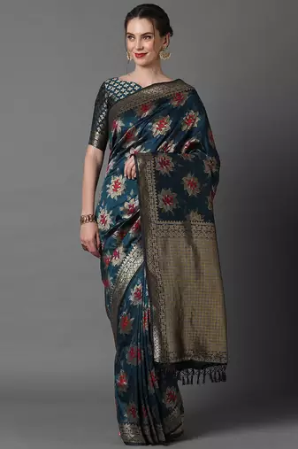 teal teal & gold-toned woven design zari silk blend banarasi saree