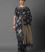 teal teal & gold-toned woven design zari silk blend banarasi saree