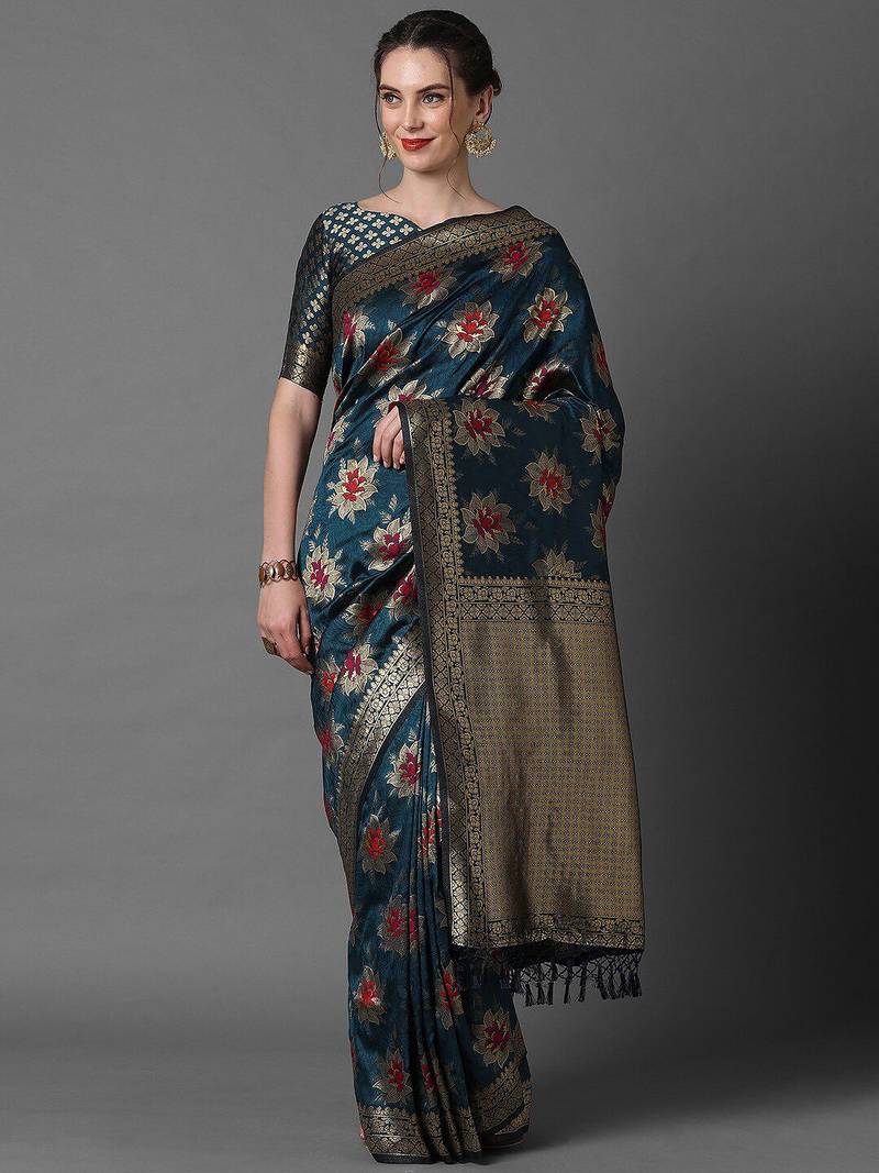 teal teal & gold-toned woven design zari silk blend banarasi saree