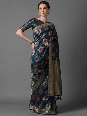 teal teal & gold-toned woven design zari silk blend banarasi saree 2