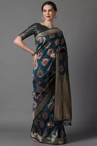 teal teal & gold-toned woven design zari silk blend banarasi saree