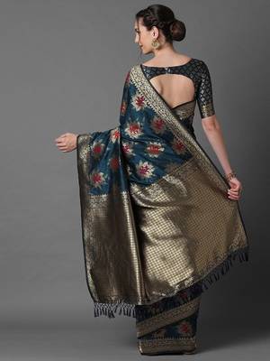 teal teal & gold-toned woven design zari silk blend banarasi saree 3