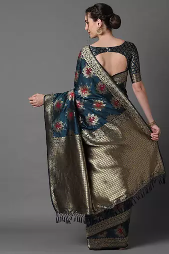 teal teal & gold-toned woven design zari silk blend banarasi saree