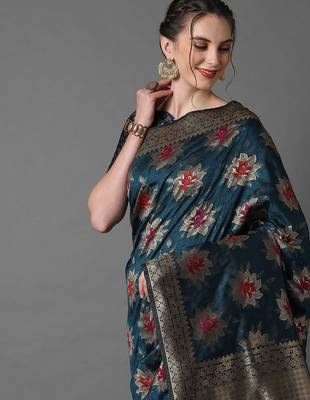teal teal & gold-toned woven design zari silk blend banarasi saree 4