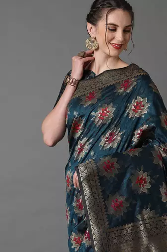 teal teal & gold-toned woven design zari silk blend banarasi saree
