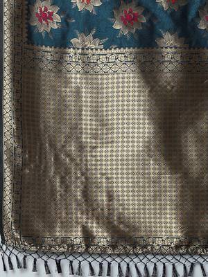 teal teal & gold-toned woven design zari silk blend banarasi saree 5