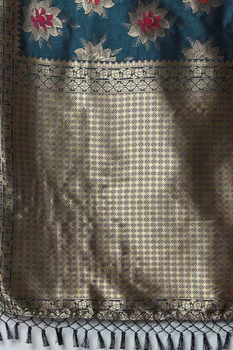 teal teal & gold-toned woven design zari silk blend banarasi saree