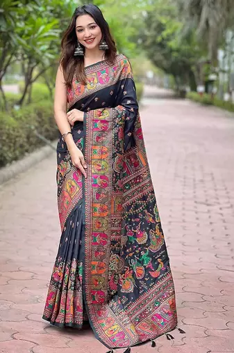 black floral pashmina saree