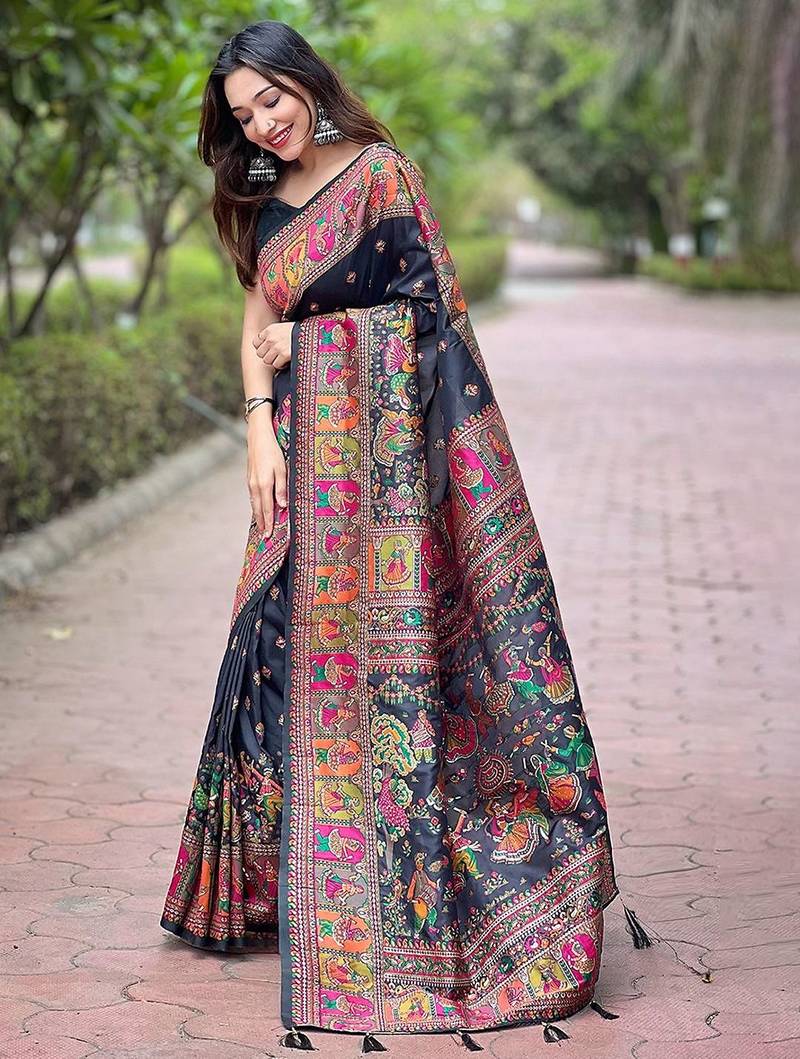 black floral pashmina saree