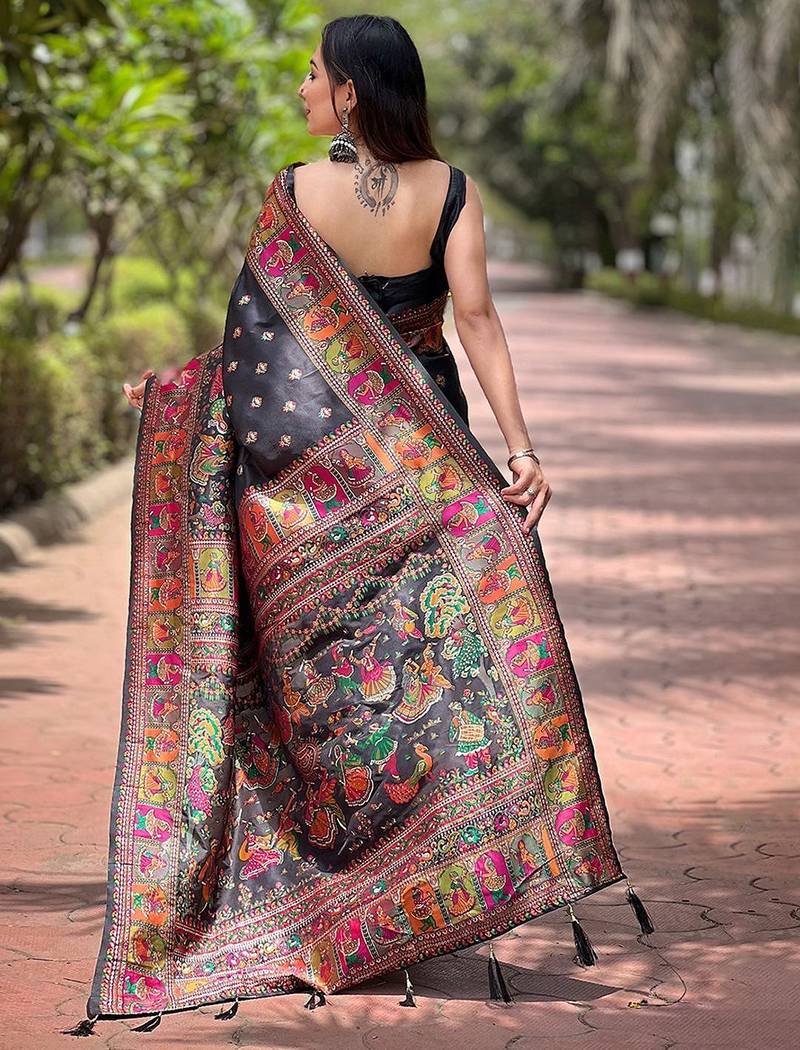 black floral pashmina saree