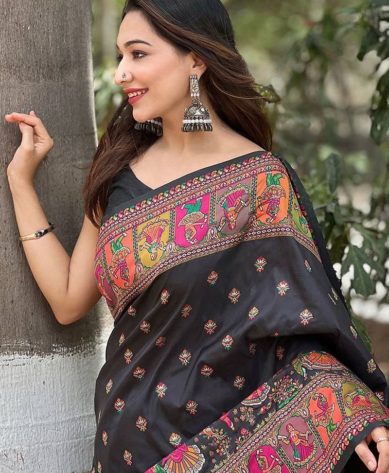 black floral pashmina saree