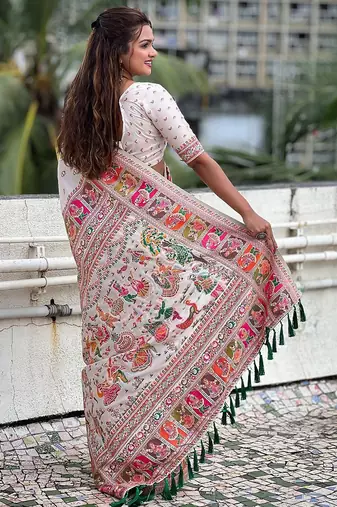 Navy blue navy blue & red floral zari silk blend banarasi saree