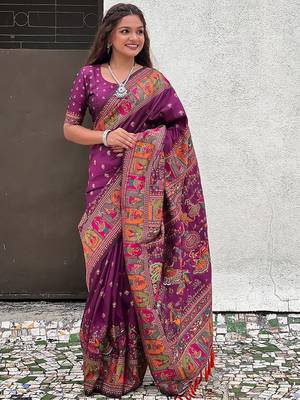 purple floral printed pashmina saree 1