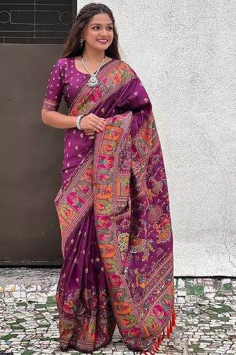 purple floral printed pashmina saree