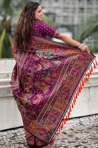 purple floral printed pashmina saree