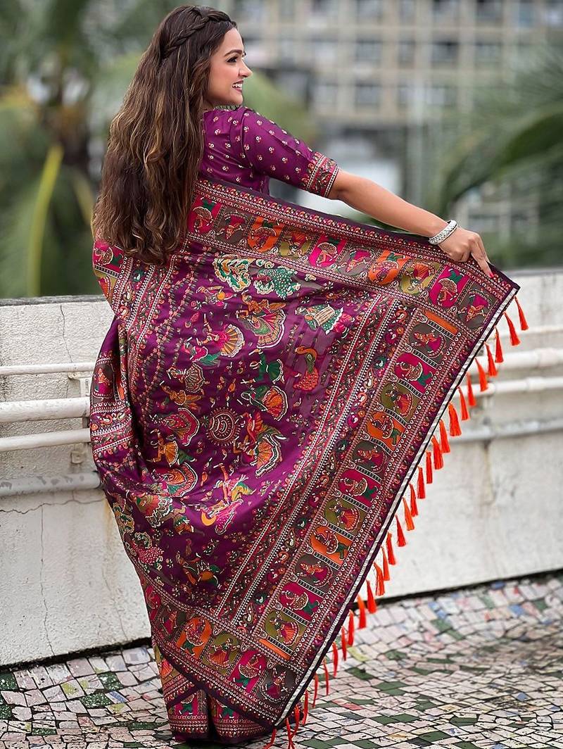 purple floral printed pashmina saree