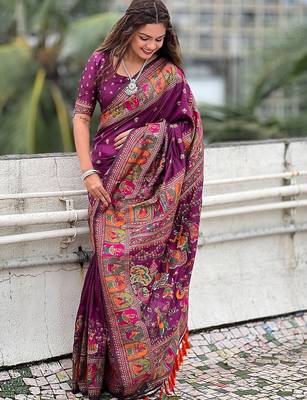 purple floral printed pashmina saree 3