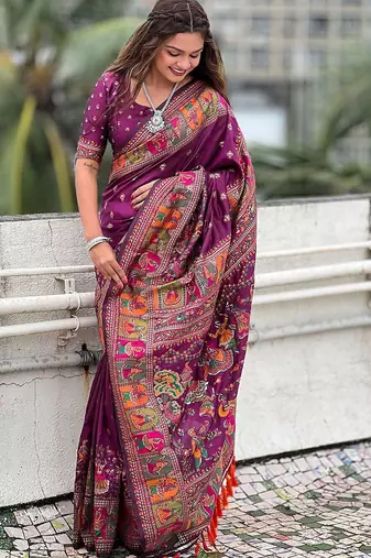 purple floral printed pashmina saree