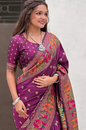 purple floral printed pashmina saree