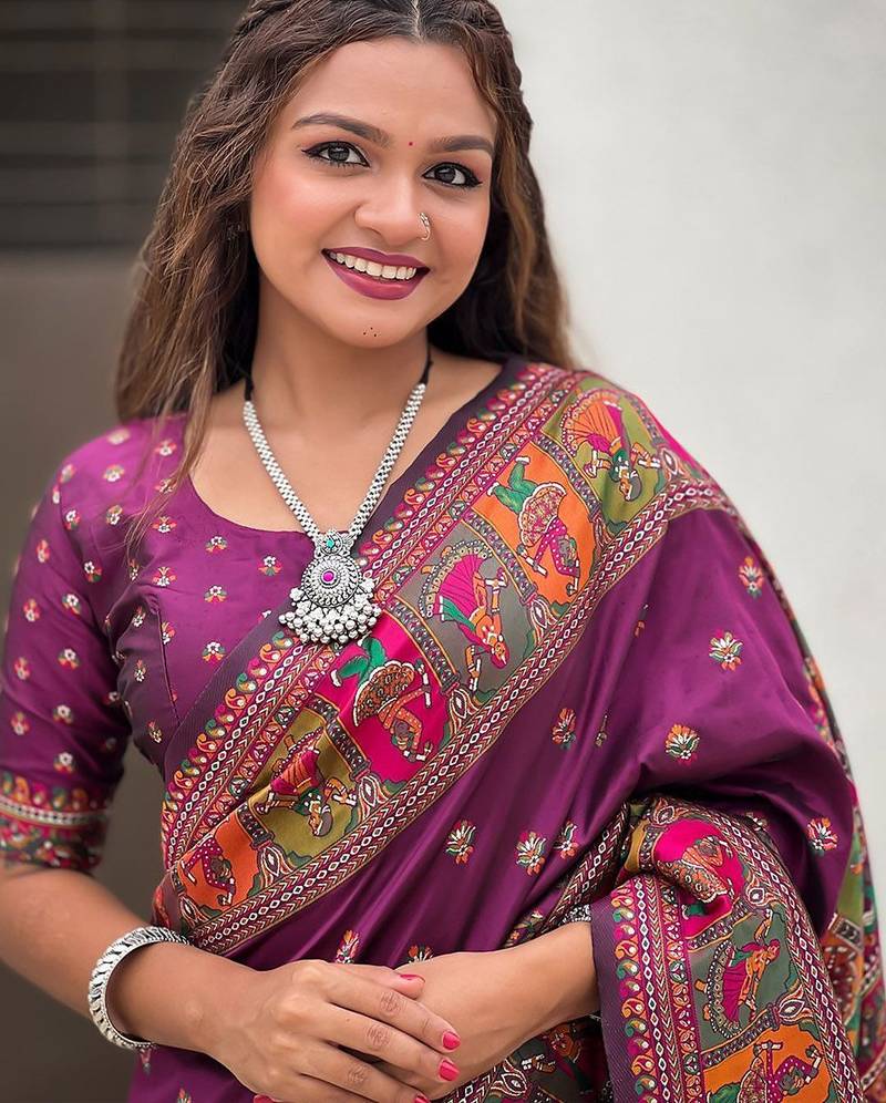 purple floral printed pashmina saree