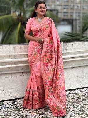 pink woven design pashmina silk  saree 1