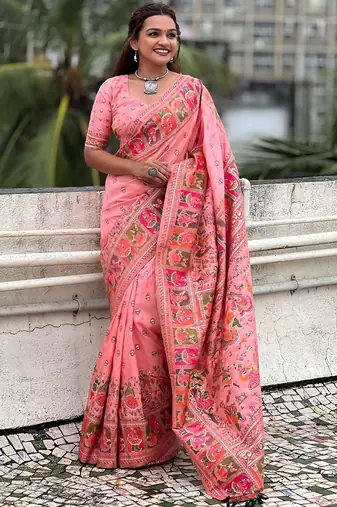 pink woven design pashmina silk  saree