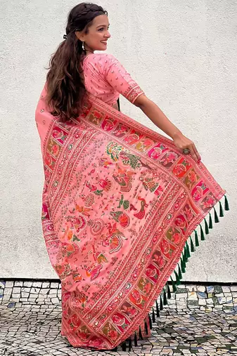 pink woven design pashmina silk  saree