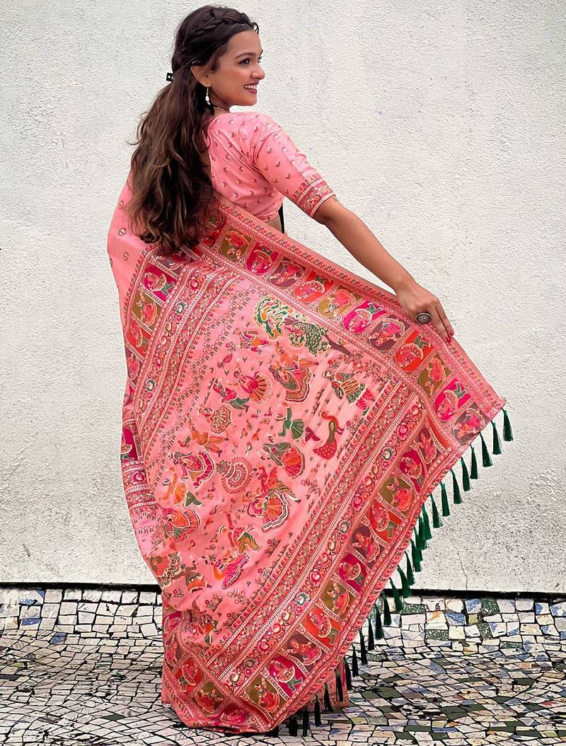 pink woven design pashmina silk  saree