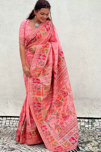 pink woven design pashmina silk  saree