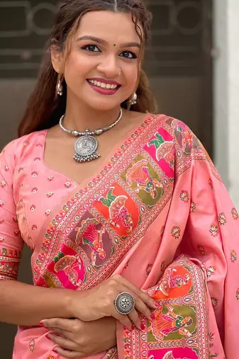 pink woven design pashmina silk  saree