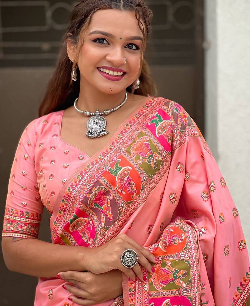 pink woven design pashmina silk  saree