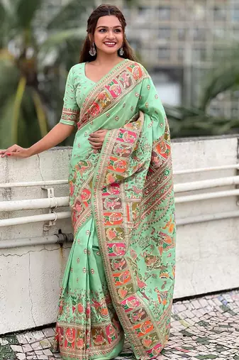 sea_green floral printed pashmina saree