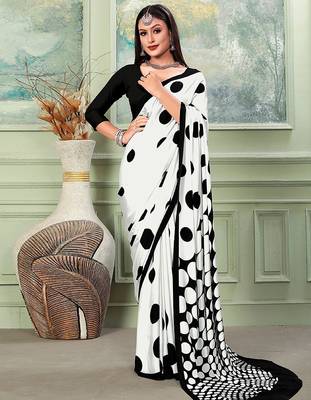 white white & black polka dot printed saree 1