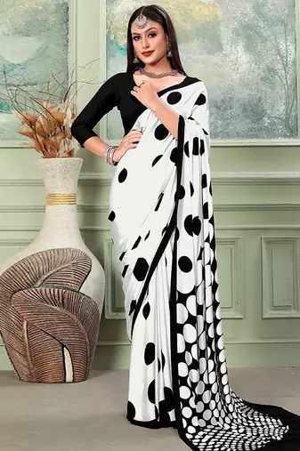 white white & black polka dot printed saree