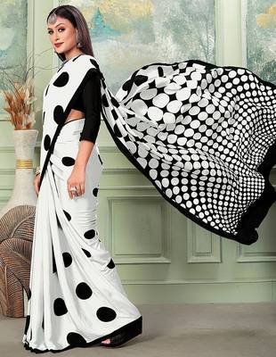 white white & black polka dot printed saree 2