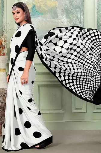 white white & black polka dot printed saree