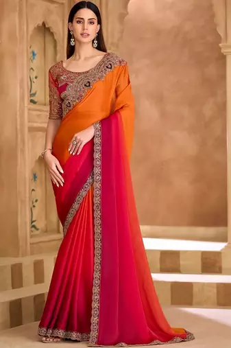multicolor embellished embroidered satin heavy work saree