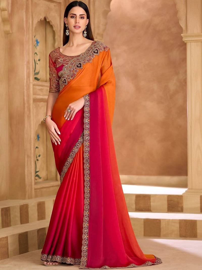 multicolor embellished embroidered satin heavy work saree