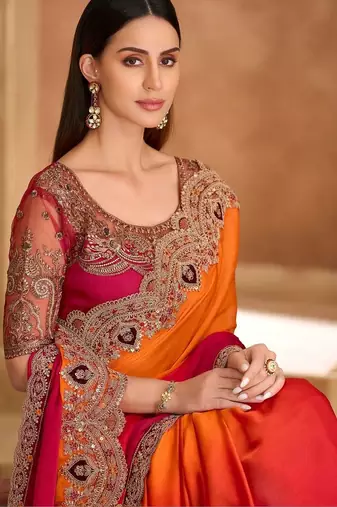 multicolor embellished embroidered satin heavy work saree