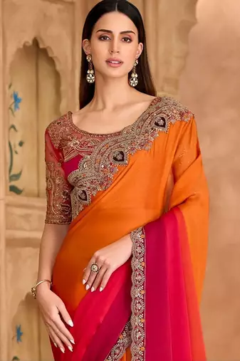 multicolor embellished embroidered satin heavy work saree