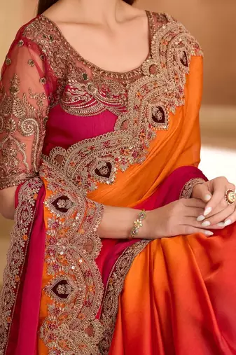 multicolor embellished embroidered satin heavy work saree