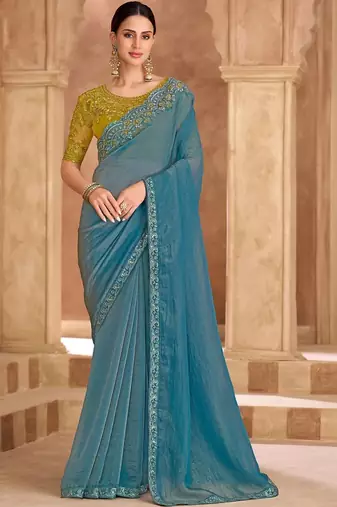 blue embellished embroidered tissue heavy work saree