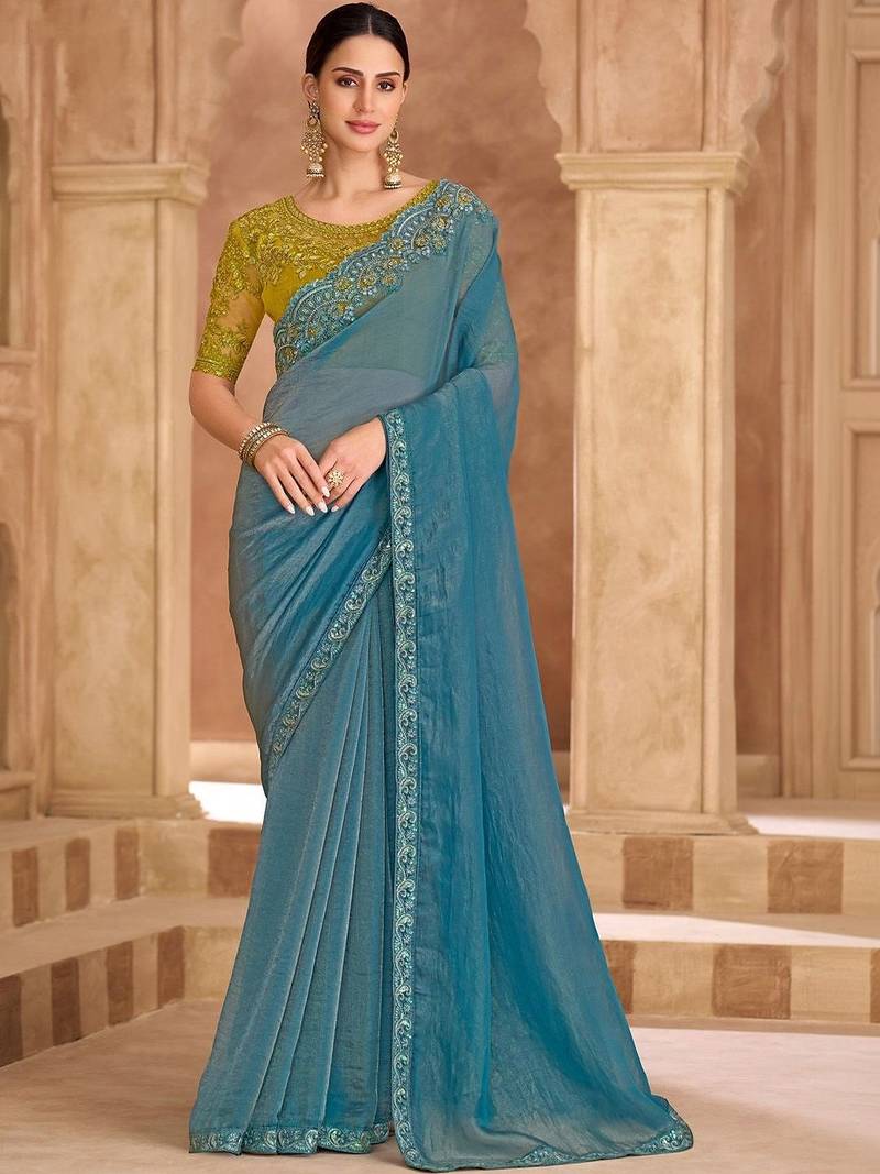 blue embellished embroidered tissue heavy work saree