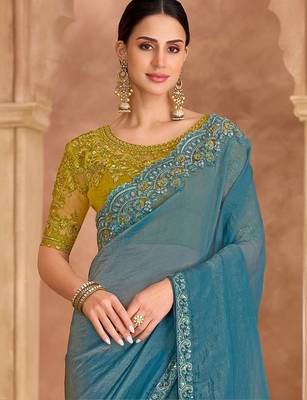 blue embellished embroidered tissue heavy work saree 2